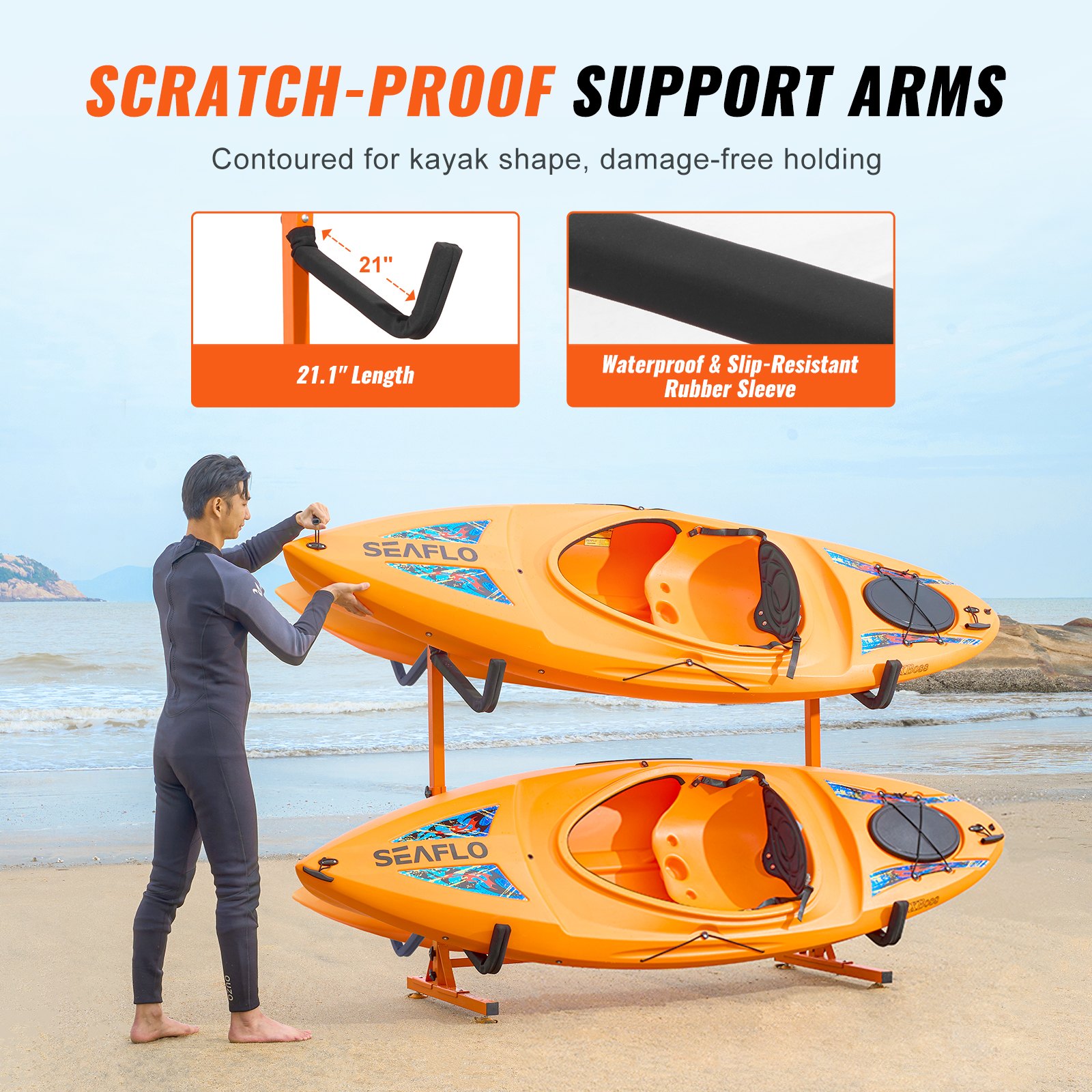 VEVOR Rastrelliera per Kayak Autoportante, Supporto per Kayak per 4 Paddleboard per Canoa Kayak, Supporto per Gancio per Kayak in Acciaio Resistente con Bracci Imbottiti e Larghezza Regolabile