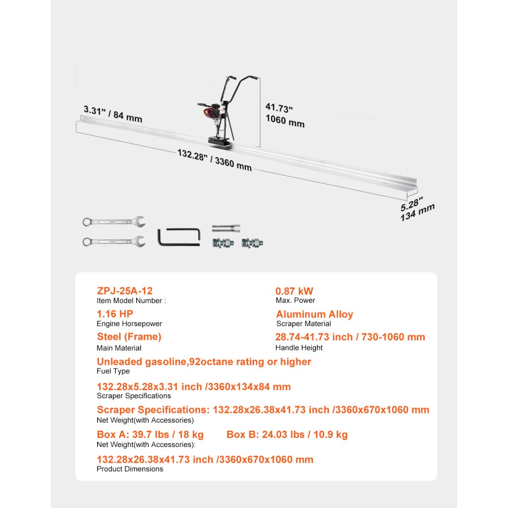 VEVOR Electric Concrete Distributor made of aluminum, 3.36m, tool for leveling and finishing concrete screeds, 4-stroke vibration motor, height-adjustable handles, high efficiency, 6500 rpm
