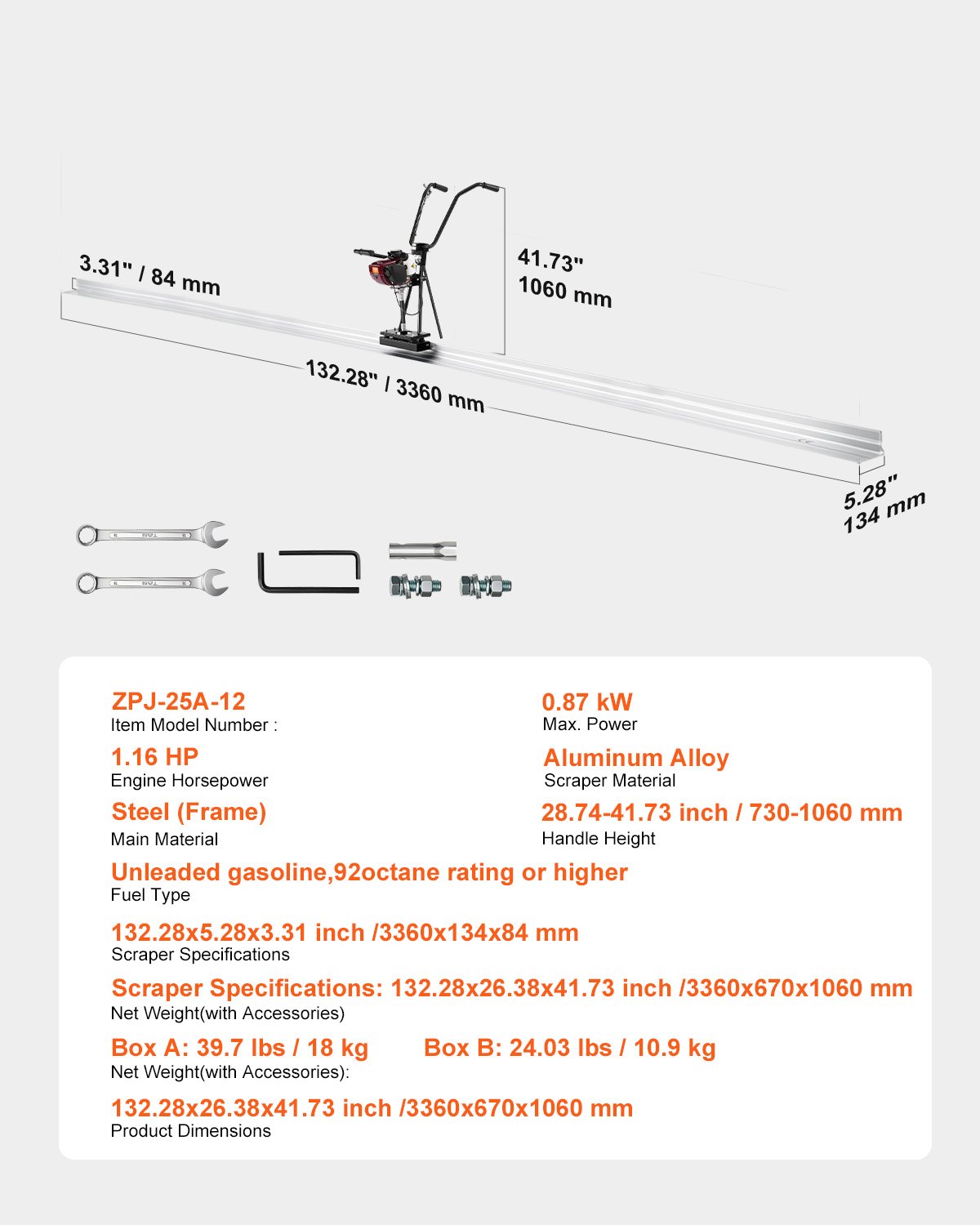 VEVOR Electric Concrete Distributor made of aluminum, 3.36m, tool for leveling and finishing concrete screeds, 4-stroke vibration motor, height-adjustable handles, high efficiency, 6500 rpm