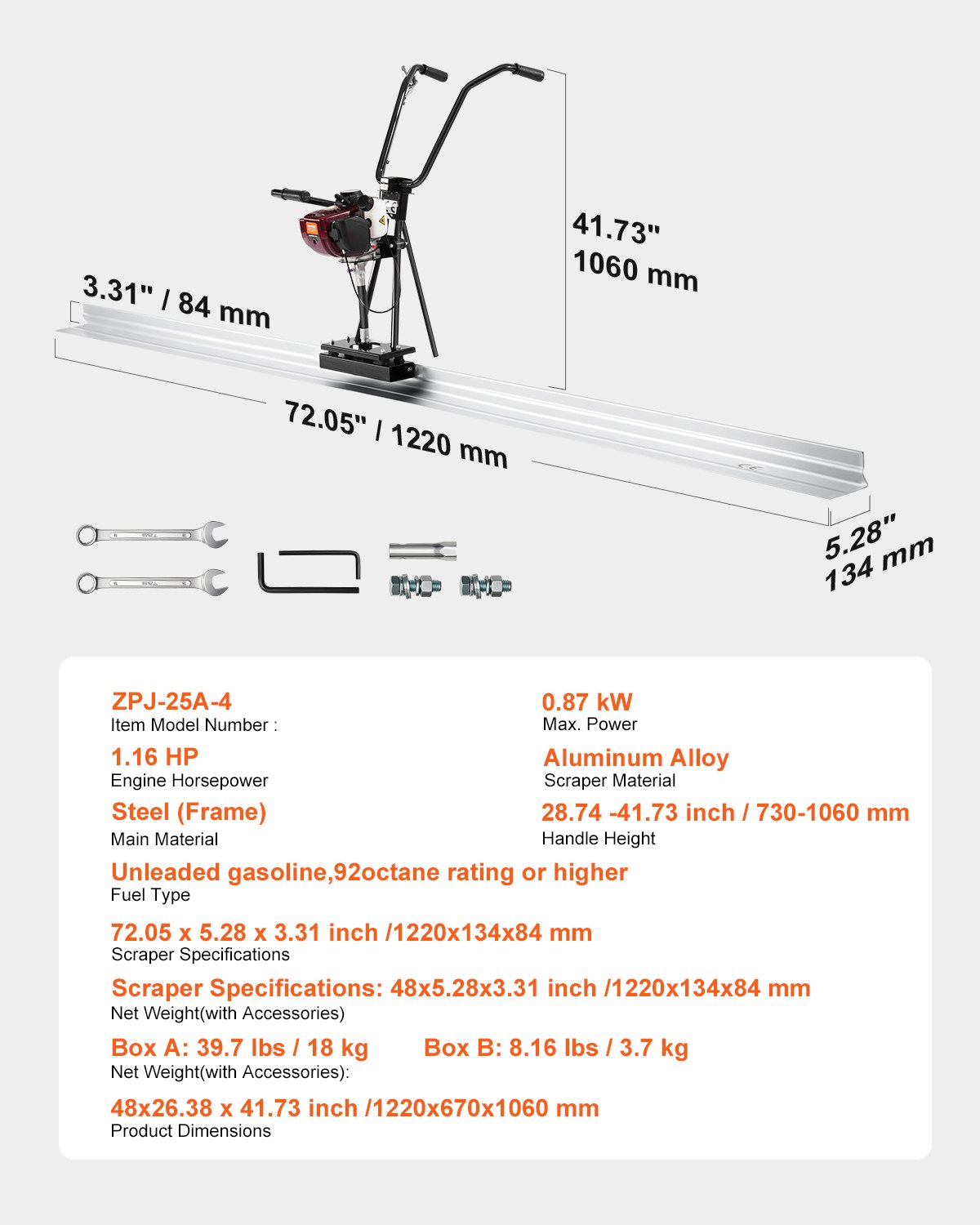 VEVOR Massetto in Calcestruzzo, Set di Barre Dritte in Alluminio da 1220x670x1060 mm, Motore Vibrante per Finitura Cemento a 4 Tempi con Maniglie Regolabili in Altezza, Utensile Calcestruzzo