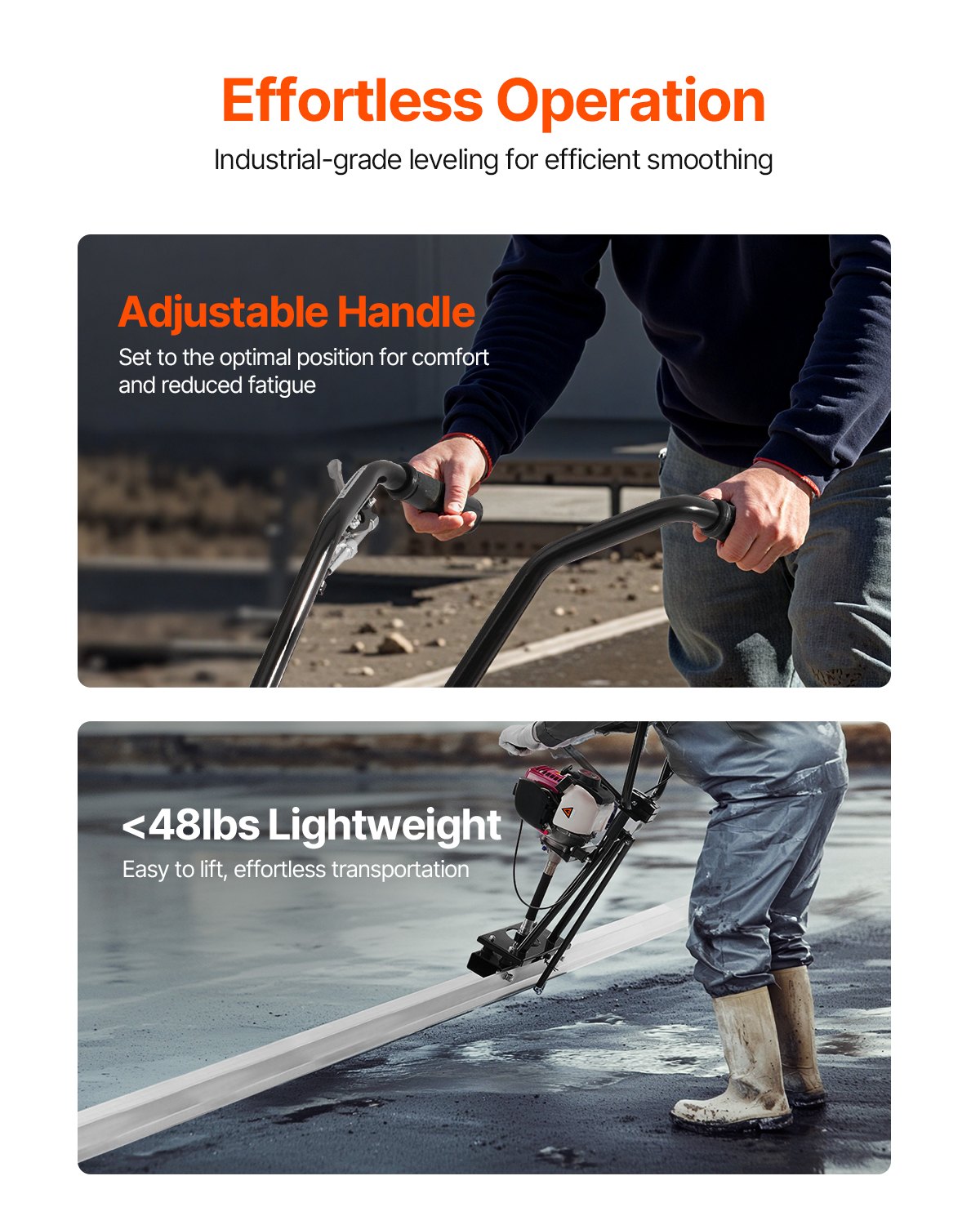 VEVOR Electric Concrete Distributor made of aluminum, 1.2 m, tool for leveling and finishing concrete screeds, 4-stroke vibration motor, height-adjustable handles, high efficiency, 6500 rpm