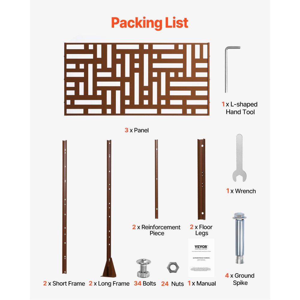 VEVOR Pannelli per Privacy in Metallo 91x50,8x191 cm Schermi Pannelli per Privacy all'Aperto, Fendivista Divisorio per Esterno Indipendente, Recinzione Decorativa 3 Schermi da Giardino, Marrone