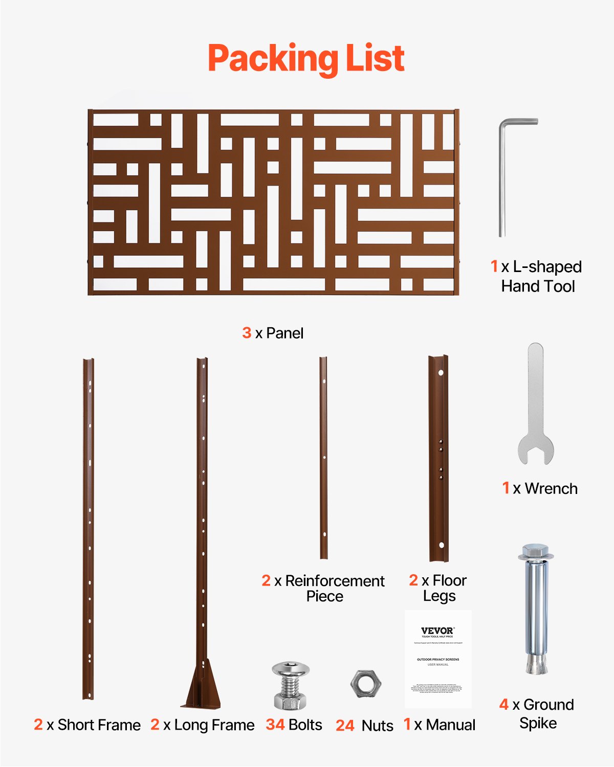 VEVOR Pannelli per Privacy in Metallo 91x50,8x191 cm Schermi Pannelli per Privacy all'Aperto, Fendivista Divisorio per Esterno Indipendente, Recinzione Decorativa 3 Schermi da Giardino, Marrone