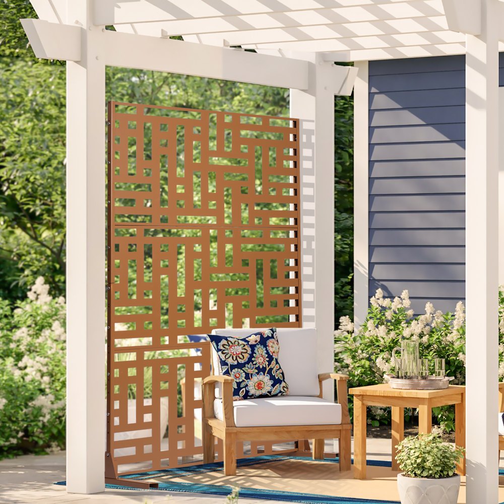 VEVOR Pannelli per Privacy in Metallo 120x50,8x193 cm Schermi Pannelli per Privacy all'Aperto, Fendivista Divisorio per Esterno Indipendente, Recinzione Decorativa 3 Schermi da Giardino, Marrone