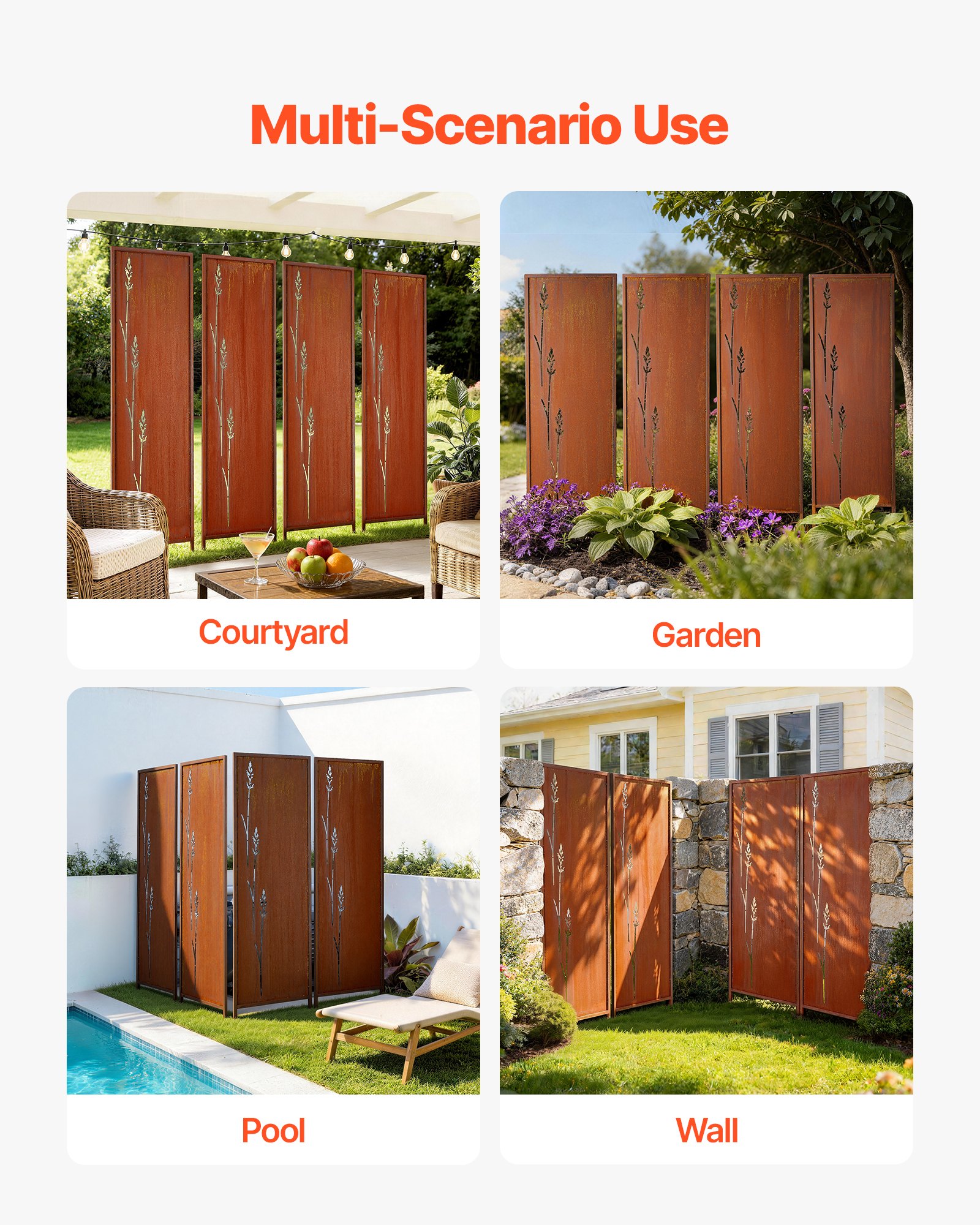 VEVOR Set di Pannelli Divisori per Privacy in Metallo 50 x 160 cm 4 pz, Divisorio Decorativo Autoportante per Privacy da Giardino Cortile Piscina Balcone in Acciaio al Carbonio, Schermo Recinzione