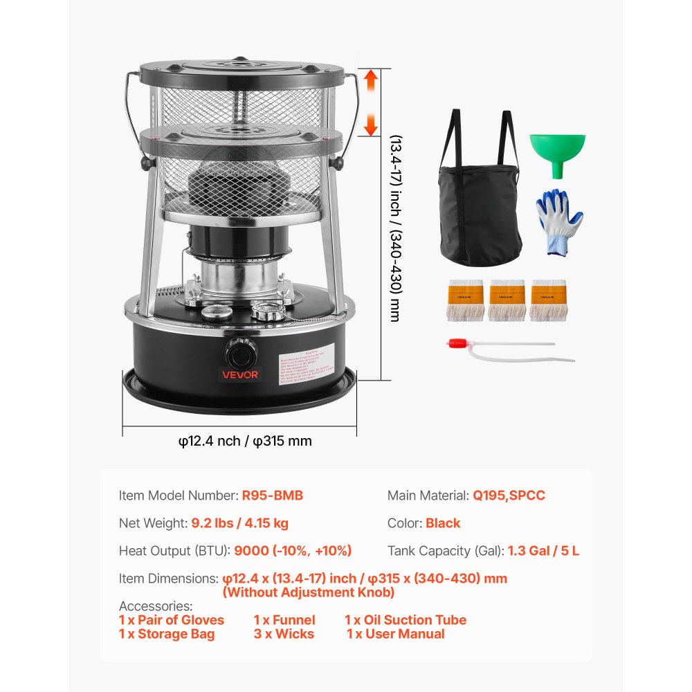 VEVOR Stufa a Cherosene Portatile da 9000 BTU, non Elettrica, per Interni ed Esterni, con Altezza e Fiamma Regolabili e Facile da Riporre, per Campeggio Caccia Cucina Casa Garage, Nero