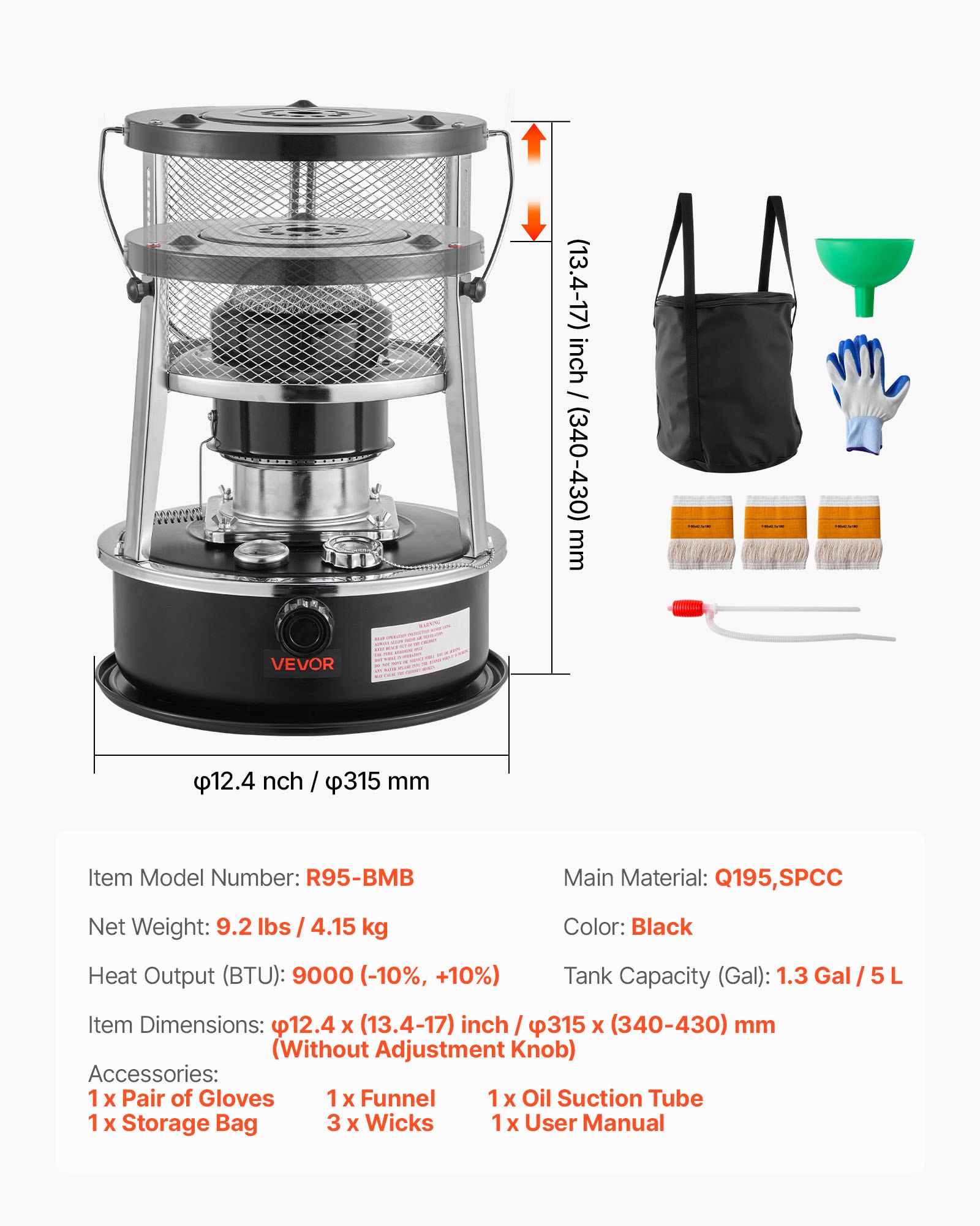 VEVOR Stufa a Cherosene Portatile da 9000 BTU, non Elettrica, per Interni ed Esterni, con Altezza e Fiamma Regolabili e Facile da Riporre, per Campeggio Caccia Cucina Casa Garage, Nero