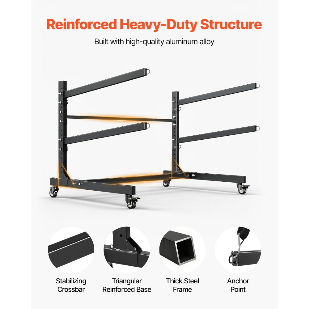 VEVOR Kayak Storage Rack for 2 Kayaks, Holds 80 kg, Heavy Duty Adjustable Freestanding Stand with Lockable Wheels for Indoor Outdoor Garage Shed Dock, Holder for Canoe, SUP, Surfboard & Paddleboard