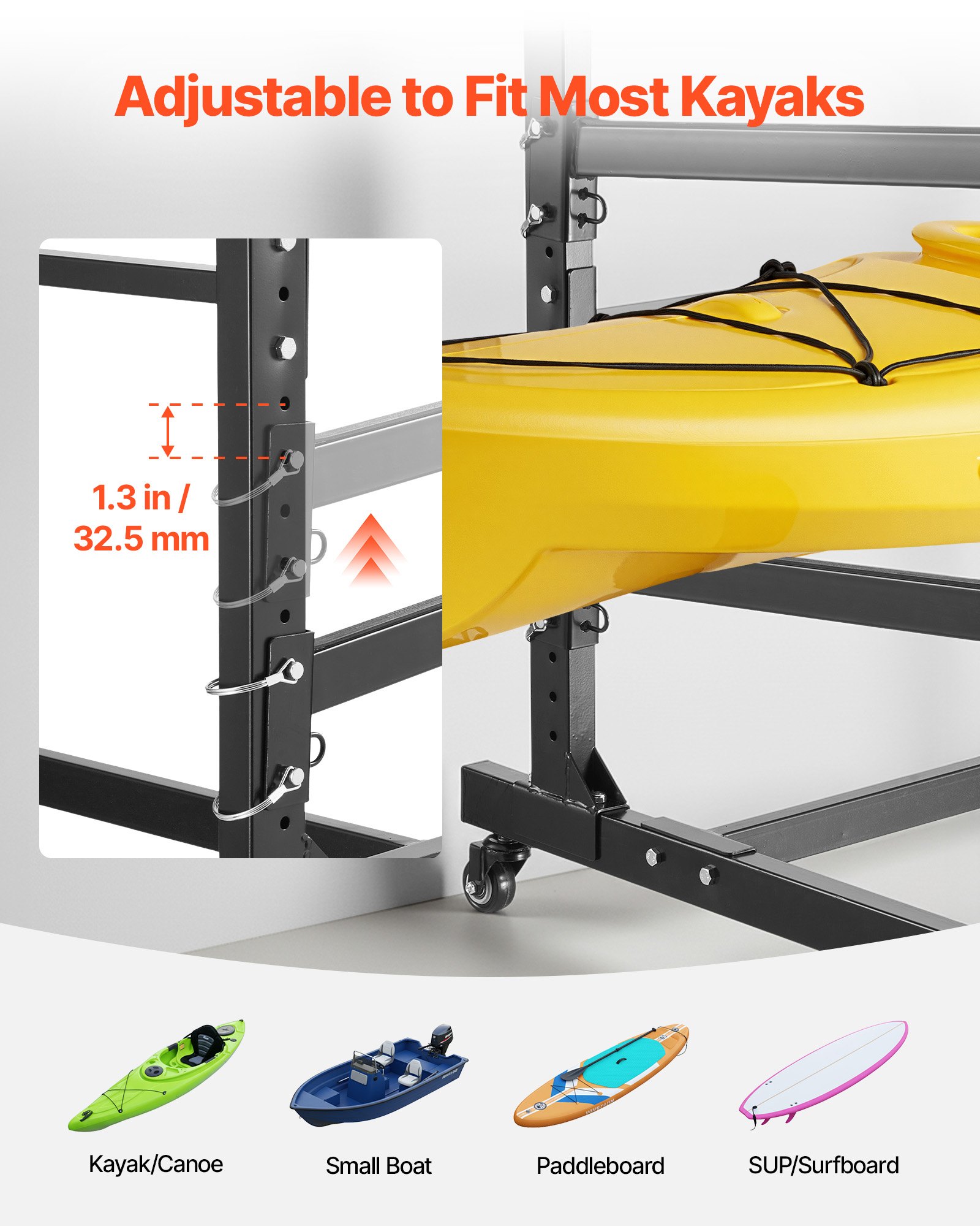 VEVOR Kayak Storage Rack for 2 Kayaks, Holds 80 kg, Heavy Duty Adjustable Freestanding Stand with Lockable Wheels for Indoor Outdoor Garage Shed Dock, Holder for Canoe, SUP, Surfboard & Paddleboard