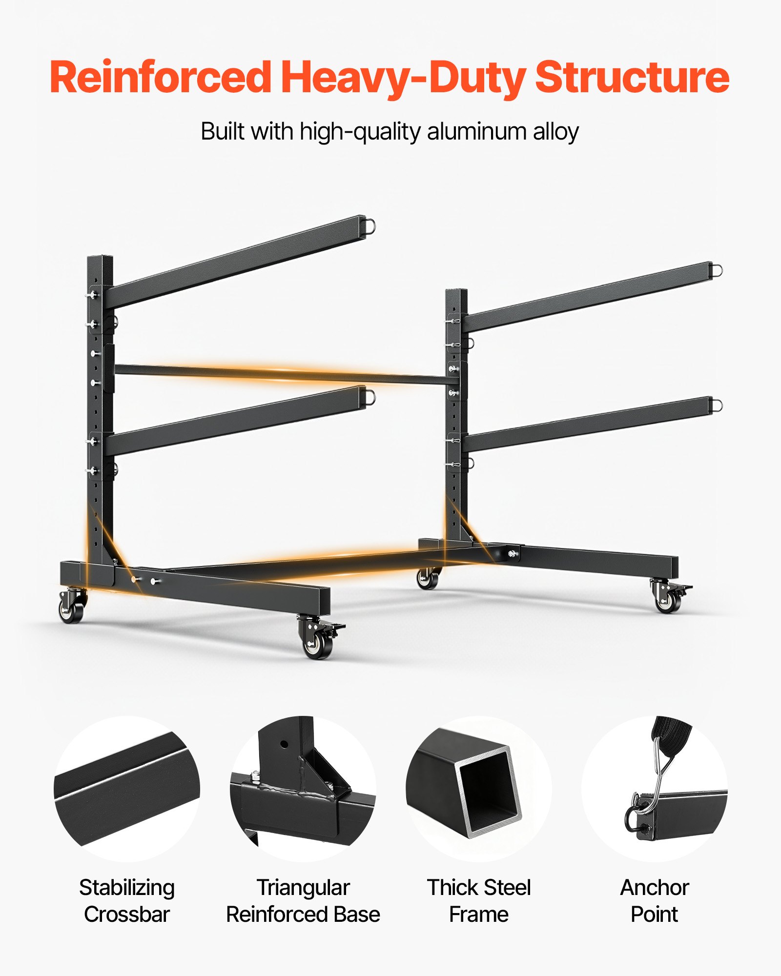 VEVOR Kayak Storage Rack for 2 Kayaks, Holds 80 kg, Heavy Duty Adjustable Freestanding Stand with Lockable Wheels for Indoor Outdoor Garage Shed Dock, Holder for Canoe, SUP, Surfboard & Paddleboard