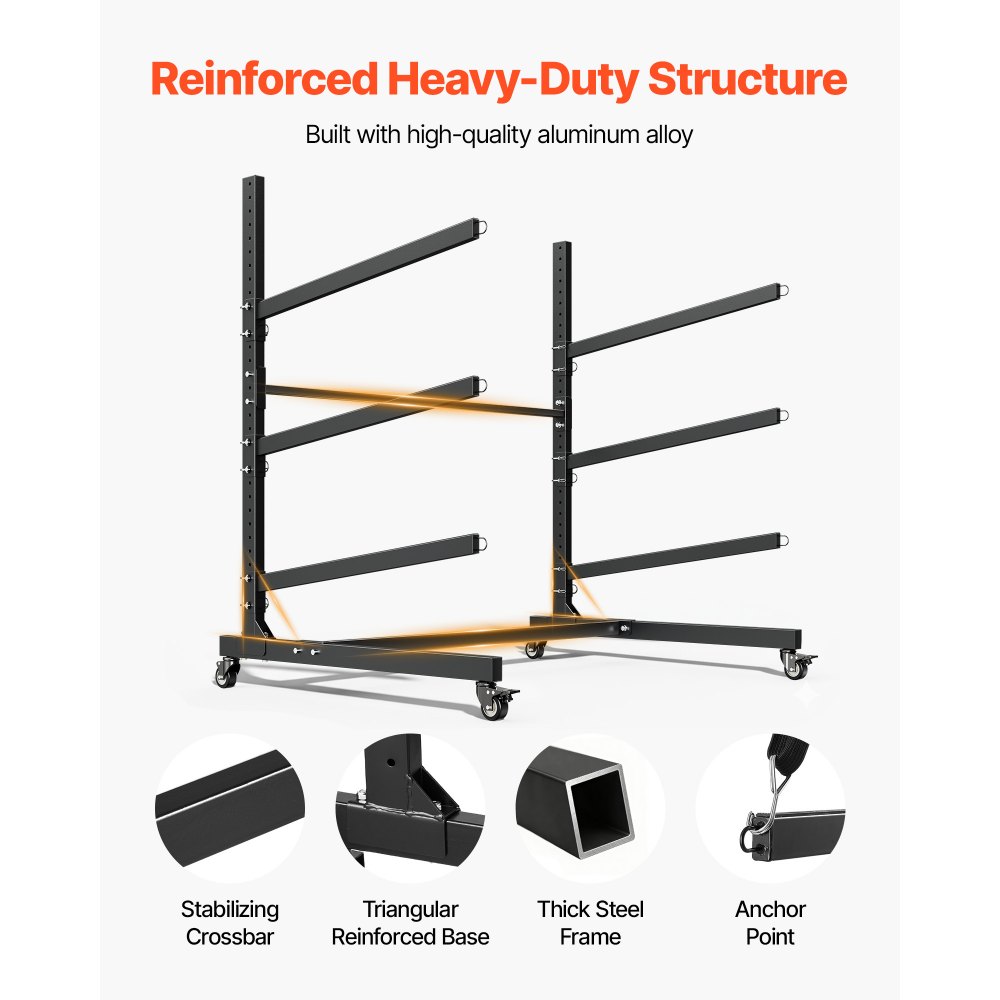 VEVOR Kayak Storage Rack for 3 Kayaks, Holds 90 kg, Heavy Duty Adjustable Freestanding Stand with Lockable Wheels for Indoor Outdoor Garage Shed Dock, Holder for Canoe, SUP, Surfboard & Paddleboard