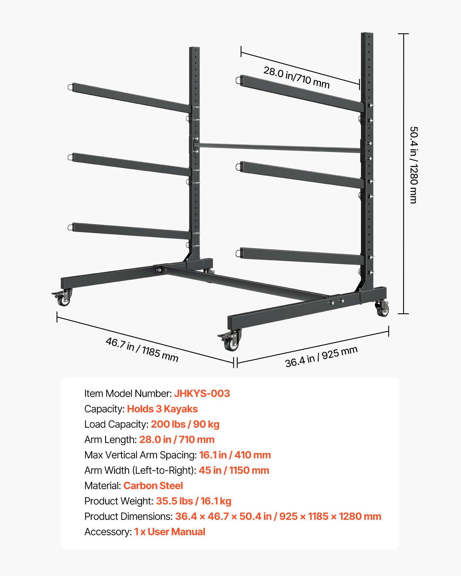 VEVOR Kayak Storage Rack for 3 Kayaks, Holds 90 kg, Heavy Duty Adjustable Freestanding Stand with Lockable Wheels for Indoor Outdoor Garage Shed Dock, Holder for Canoe, SUP, Surfboard & Paddleboard