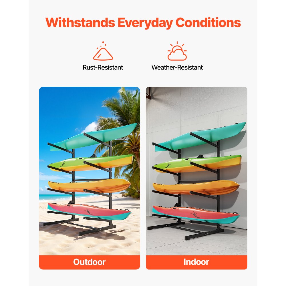 VEVOR Porta Kayak Autoportante Supporto da Pavimento Indipendente per Kayak 4 Ripiani, Supporto per Deposito Canoa Barche Tavola da Surf SUP, Garage, Spiaggia, Mare, Capacità max. 100 kg