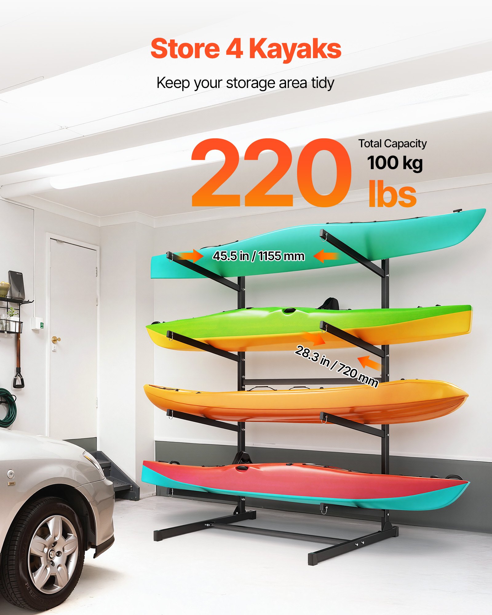 VEVOR Porta Kayak Autoportante Supporto da Pavimento Indipendente per Kayak 4 Ripiani, Supporto per Deposito Canoa Barche Tavola da Surf SUP, Garage, Spiaggia, Mare, Capacità max. 100 kg