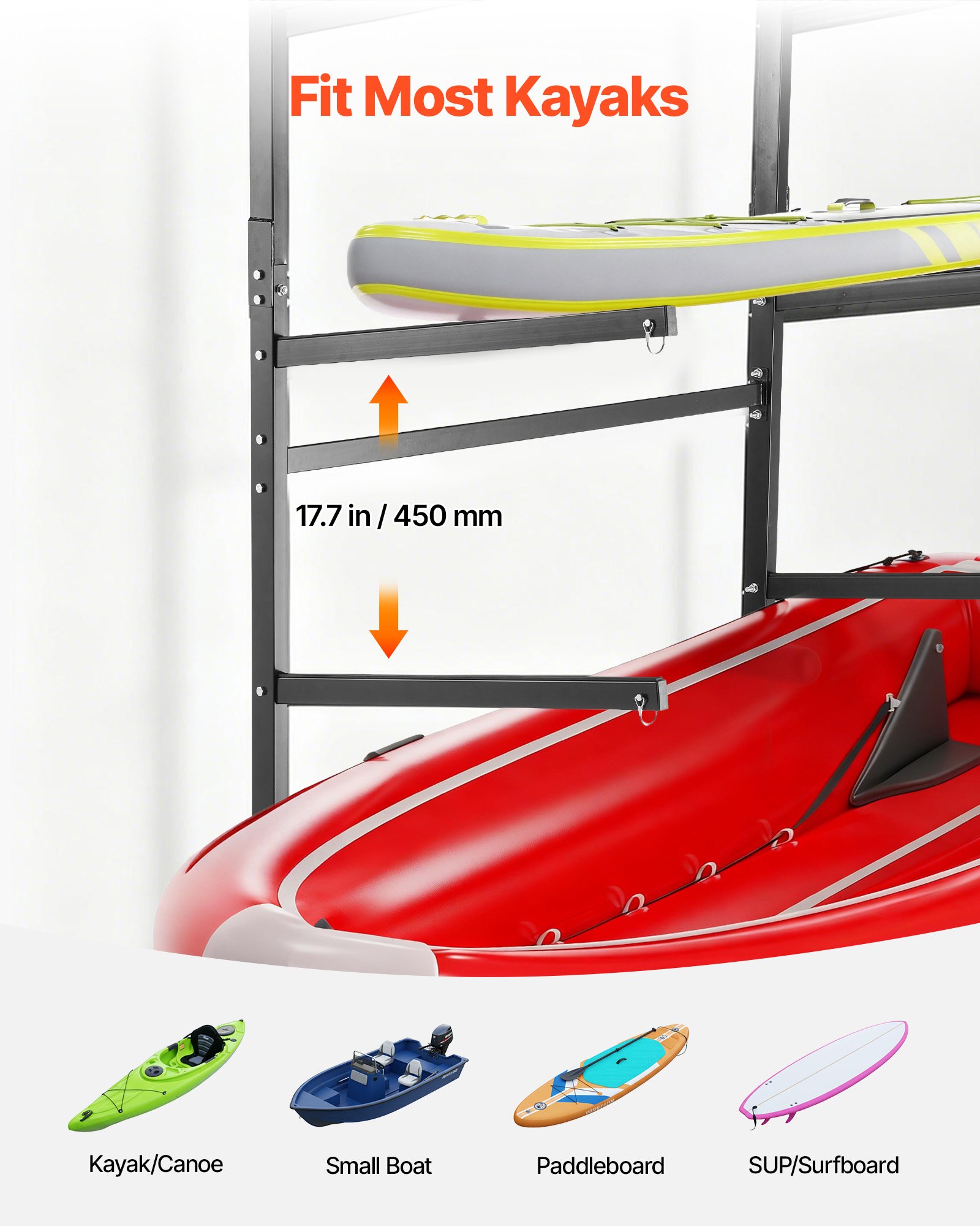 VEVOR Porta Kayak Autoportante Supporto da Pavimento Indipendente per Kayak 4 Ripiani, Supporto per Deposito Canoa Barche Tavola da Surf SUP, Garage, Spiaggia, Mare, Capacità max. 100 kg