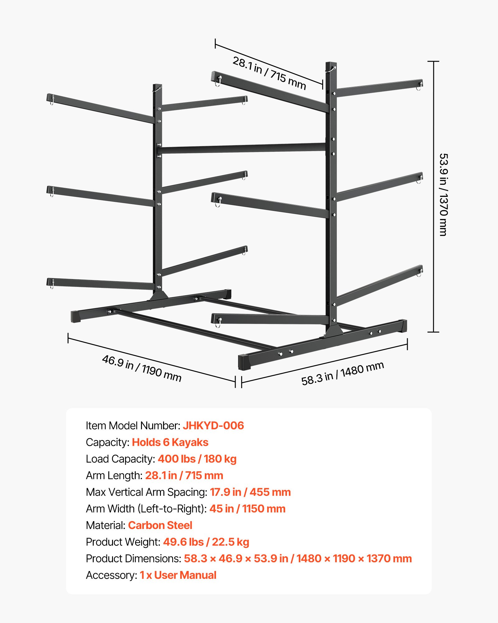 VEVOR Supporto Porta Kayak da 6 pezzi, Stand da Pavimento per Kayak, Supporto da Terra Autoportante per Deposito Bifacciale Canoe Tavola da Surf SUP da Garage per Spiaggia Mare, Carico max. 180 kg