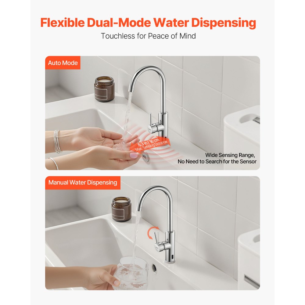 VEVOR Touchless Kitchen Bar Sink Faucet, Single Handle Automatic Motion Sensor Bathroom Faucet, Hands-Free Adjustable Cold Hot Water Mixer Flexible Swivel for 9.5 mm Pipe,Chrome Plated Silver