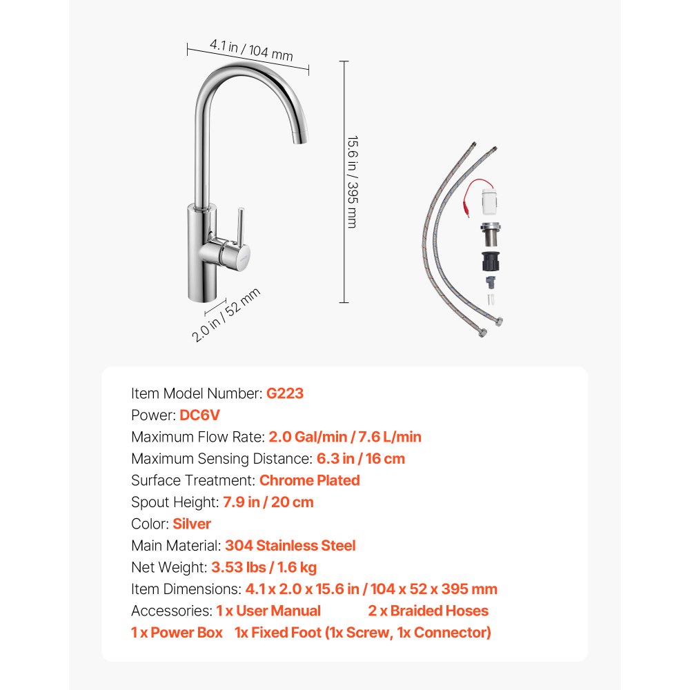 VEVOR Touchless Kitchen Bar Sink Faucet, Single Handle Automatic Motion Sensor Bathroom Faucet, Hands-Free Adjustable Cold Hot Water Mixer Flexible Swivel for 9.5 mm Pipe,Chrome Plated Silver
