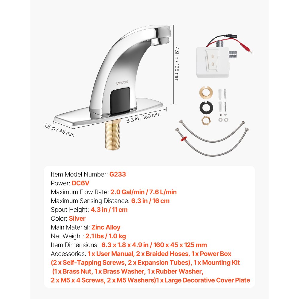 VEVOR Rubinetto per Lavabo Senza Contatto, Colore Argento Cromato, Rubinetto Automatico a Batteria per Bagno Lavandino con Sensore e Piastra di Copertura del Foro G233, Solo per Acqua Fredda