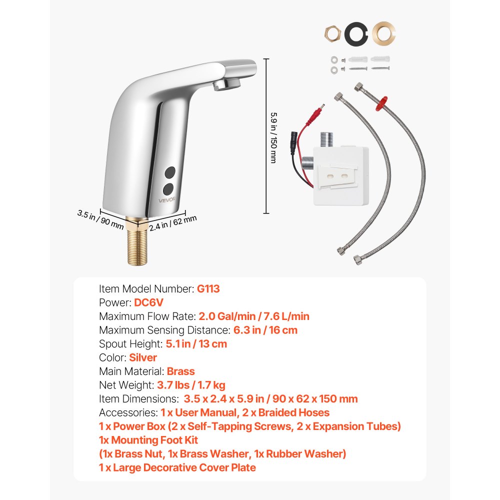 VEVOR Rubinetto Miscelatore per Lavello Sensore di Movimento Altezza 150mm Rubinetto Automatico, Senza Contatto, Solo Acqua Fredda, Alimentazione Batteria, Tubo 9,5m, Cromato Argento, da Cucina Bagno
