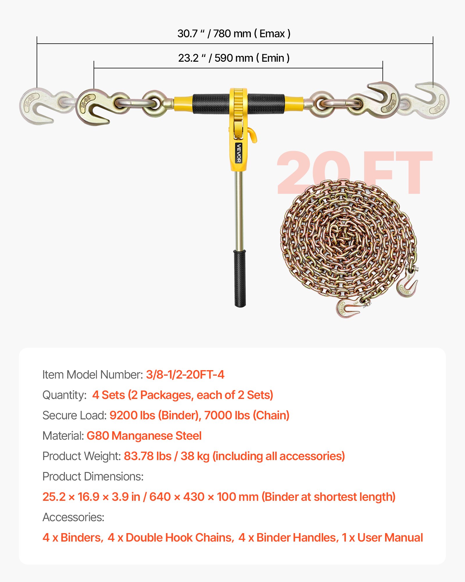VEVOR Tenditore a Cricchetto con Catena di Ancoraggio G80 da 10 mm x 6,1 m, 4 pezzi, Carico max. 4173 kg, Ancoraggi per Catene di Trasporto, per Fissaggio di Carichi, Trasporto, Rimorchio