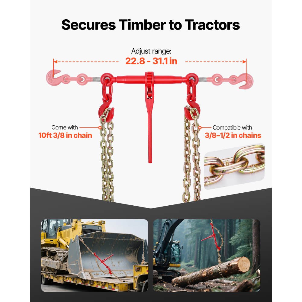 VEVOR Tenditore a Cricchetto con Catena di Ancoraggio G80 da 10 mm x 3 m, 8 pezzi, Carico max. 4173 kg, Ancoraggi per Catene di Trasporto, per Fissaggio di Carichi, Trasporto, Rimorchio