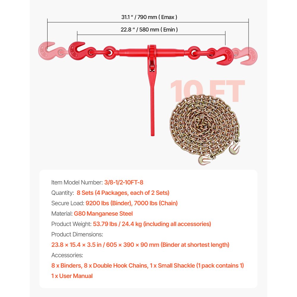 VEVOR Tenditore a Cricchetto con Catena di Ancoraggio G80 da 10 mm x 3 m, 8 pezzi, Carico max. 4173 kg, Ancoraggi per Catene di Trasporto, per Fissaggio di Carichi, Trasporto, Rimorchio