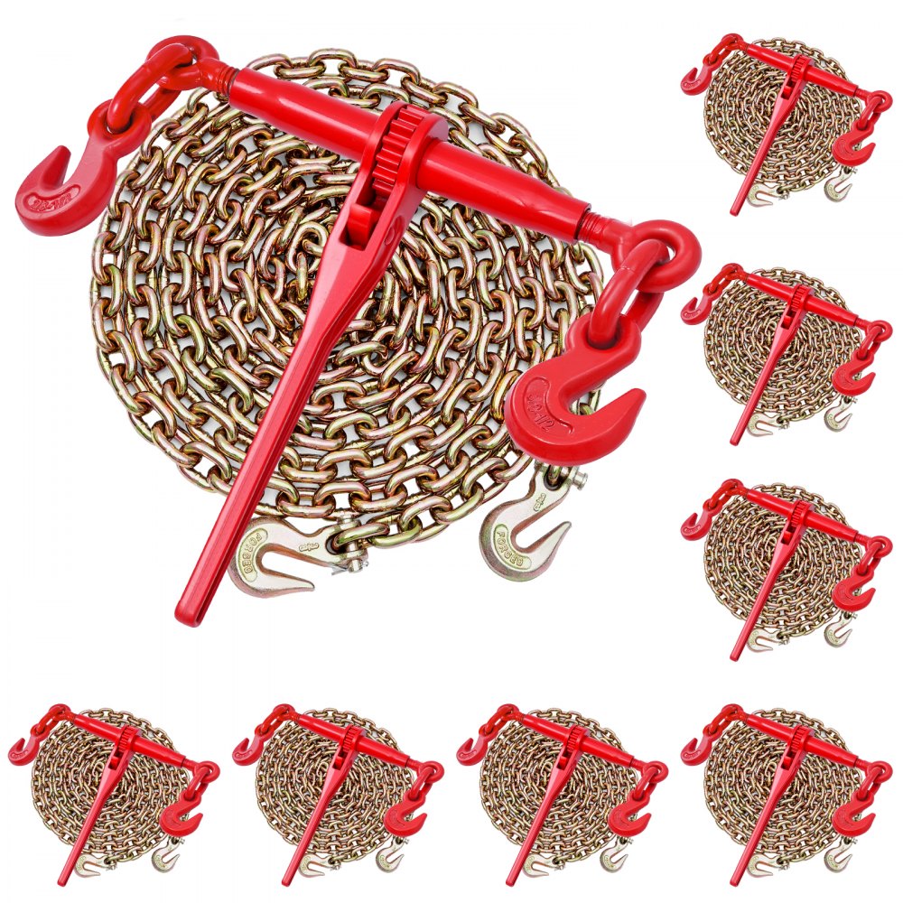 VEVOR Tenditore a Cricchetto con Catena di Ancoraggio G80 da 10 mm x 3 m, 8 pezzi, Carico max. 4173 kg, Ancoraggi per Catene di Trasporto, per Fissaggio di Carichi, Trasporto, Rimorchio