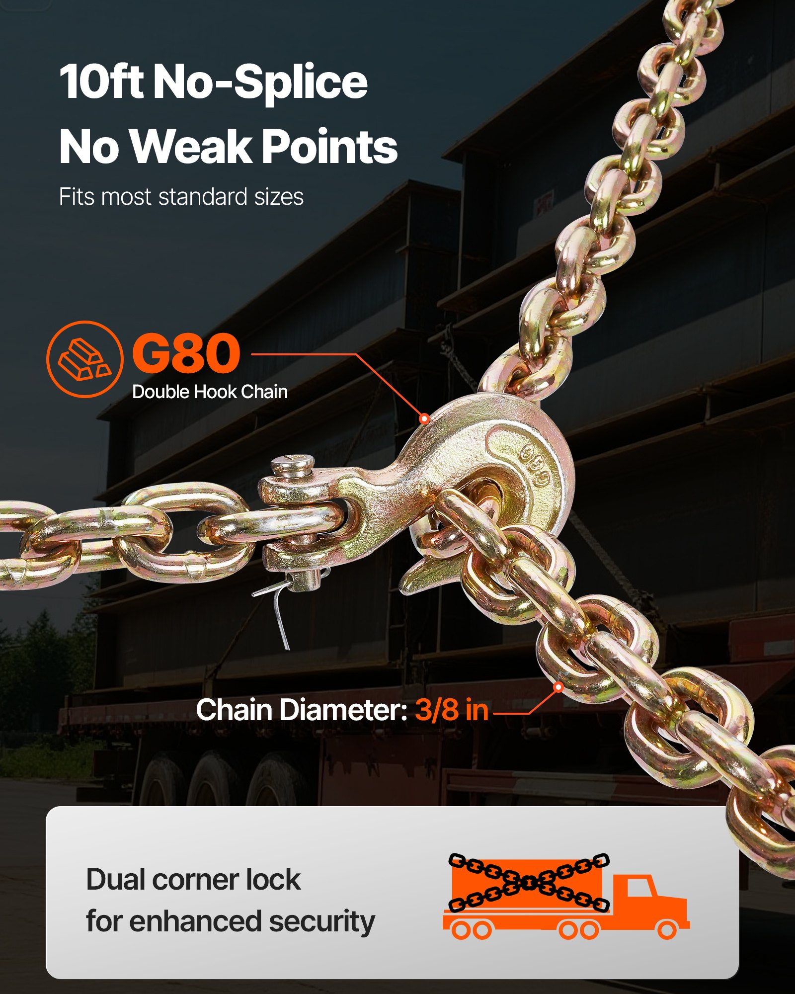 VEVOR Tenditore a Cricchetto con Catena di Ancoraggio G80 da 10 mm x 3 m, 8 pezzi, Carico max. 4173 kg, Ancoraggi per Catene di Trasporto, per Fissaggio di Carichi, Trasporto, Rimorchio