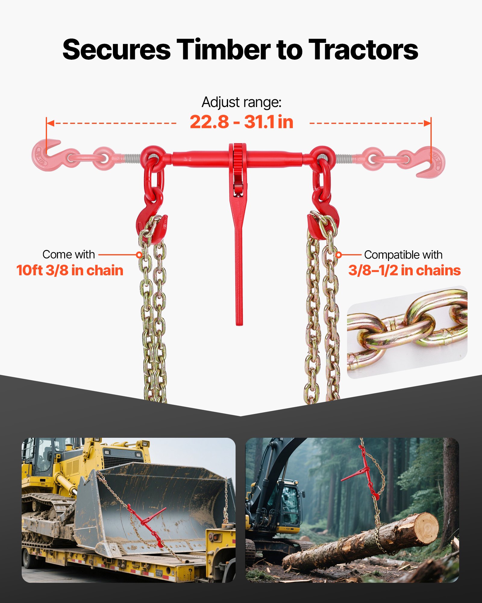 VEVOR Tenditore a Cricchetto con Catena di Ancoraggio G80 da 10 mm x 3 m, 8 pezzi, Carico max. 4173 kg, Ancoraggi per Catene di Trasporto, per Fissaggio di Carichi, Trasporto, Rimorchio