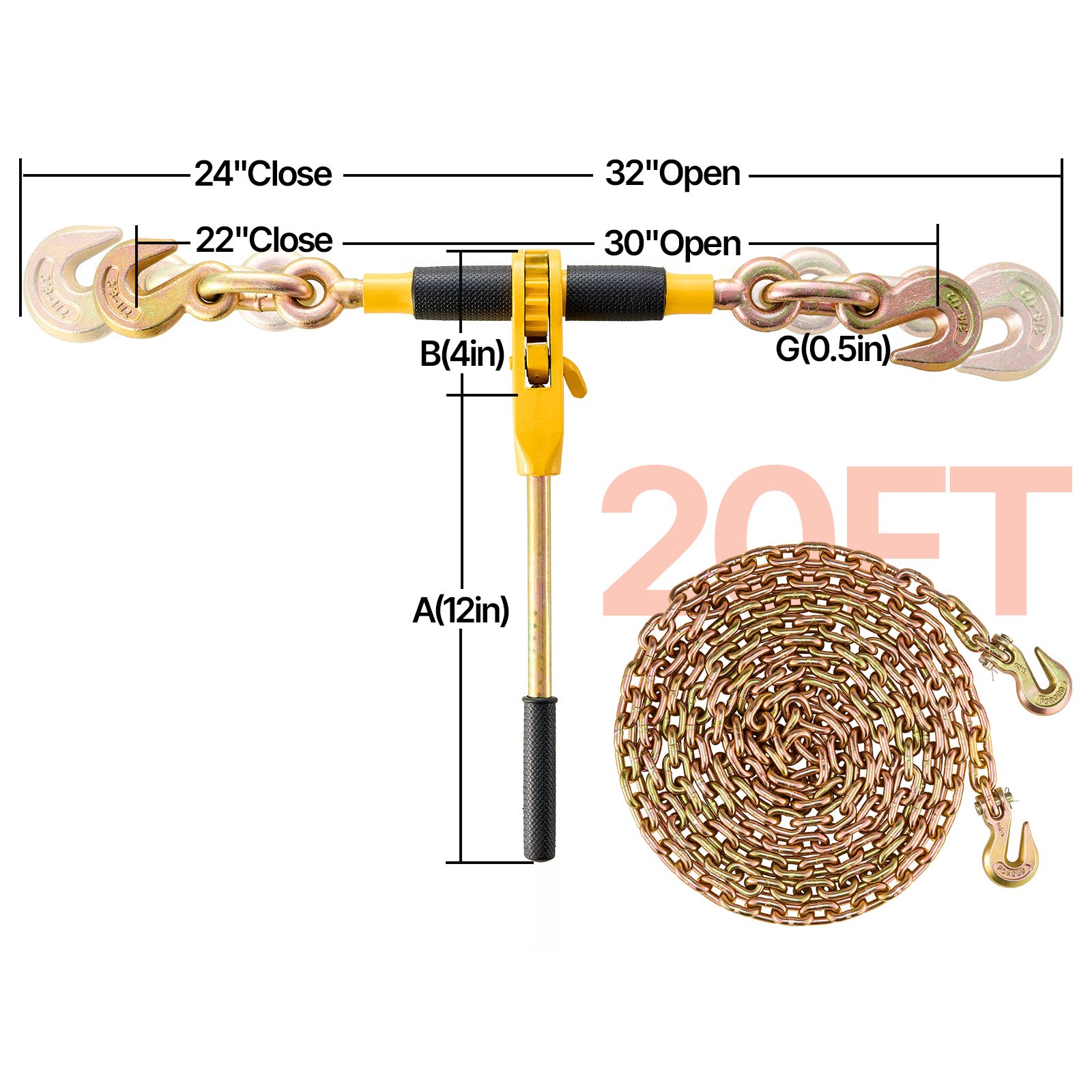 VEVOR lashing chain with tensioner, 2-pack, ratchet tensioner, ratchet chain binder, 0.8-0.9 cm, chain tensioner load capacity 3220 kg, non-slip handle, for load securing, transport, low loader truck trailers
