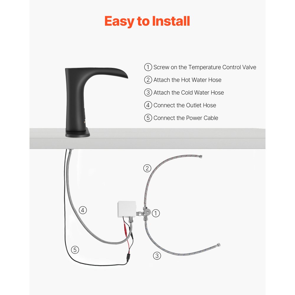 VEVOR Miscelatore Automatico senza Contatto per Lavabo Altezza 145 mm Nero Rubinetto con Sensore di Movimento, Ottone, Acqua Calda Fredda, Trattamento Rivestimento Elettroforetico, da Cucina Bagno
