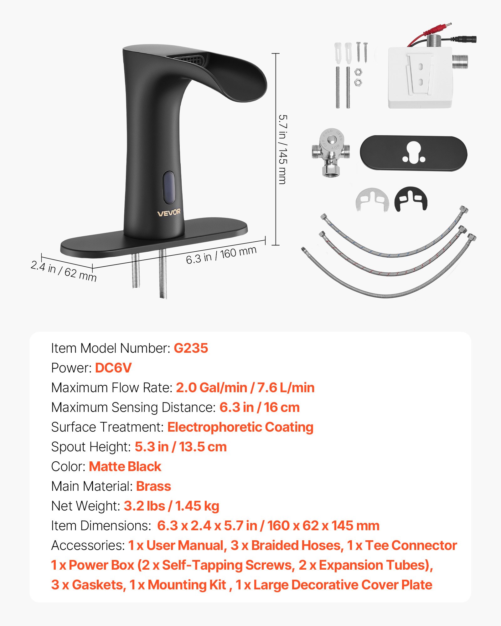 VEVOR Touchless Bathroom Sink Faucet, Automatic Motion Sensor Waterfall Restroom Toilet Faucet with Hole Cover Plate, Modern Electronic Sensor Hot/Cold Water for 9.5 mm Pipe Commercial,Matte Black