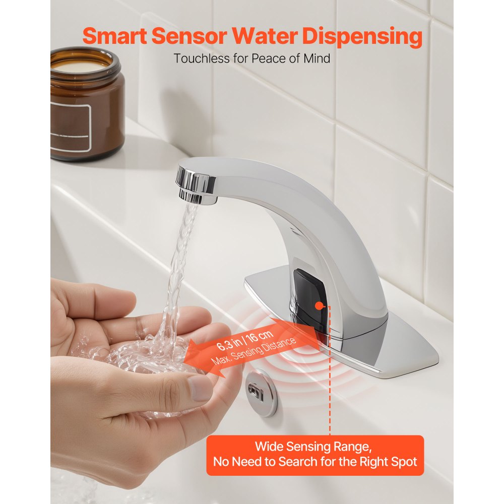 VEVOR Miscelatore Automatico senza Contatto con Sensore per Lavabo Cromato Rubinetto con Sensore di Movimento, Acqua Calda Fredda, Portata max 7,6 L/min, Cromato Argento, Lega di Zinco, Cucina Bagno
