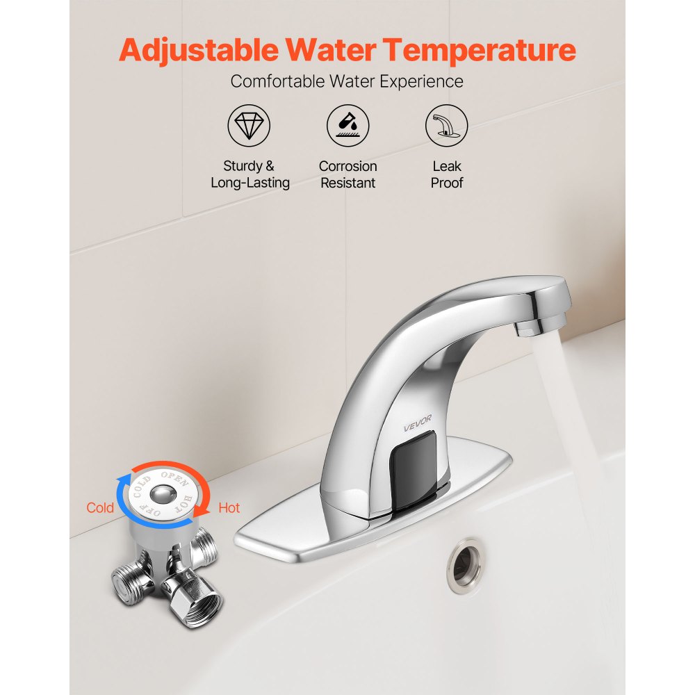 VEVOR Miscelatore Automatico senza Contatto con Sensore per Lavabo Cromato Rubinetto con Sensore di Movimento, Acqua Calda Fredda, Portata max 7,6 L/min, Cromato Argento, Lega di Zinco, Cucina Bagno