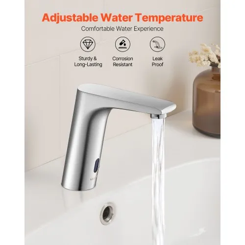VEVOR Rubinetto Senza Contatto Per Lavabo – Sensore Infrarossi A Batteria, Miscelatore Freddo/Caldo Maniglia Singola, Finitura Argento Nichel Spazzolato