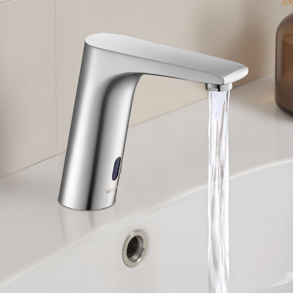 VEVOR Rubinetto per Lavabo Senza Contatto, Rubinetto Automatico con Sensore a Batteria, Miscelatore Maniglia Singola Regolabile a Mani Libere, Acqua Fredda e Calda, Argento Nichel Spazzolato