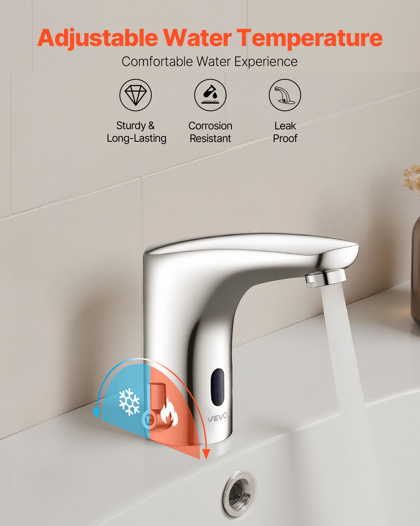 VEVOR Rubinetto per Lavabo Senza Contatto, Rubinetto Automatico con Sensore a Batteria per Bagno Miscelatore Maniglia Singola Regolabile a Mani Libere,  Acqua Fredda e Calda, Argento Cromato