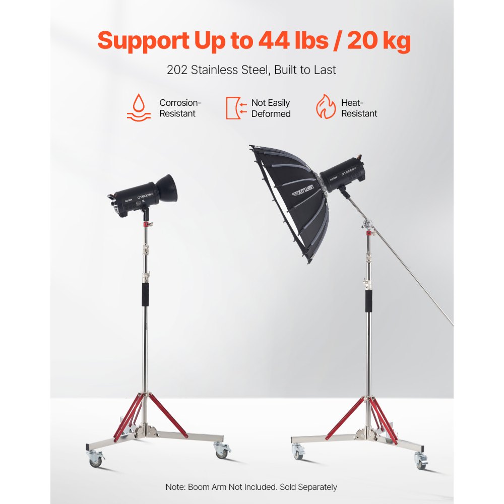 VEVOR Studio Tripod with Wheels, Max. Height 320 cm, Light Stand, Adjustable Stainless Steel Tripod, Photography Tripod with Wheels, for Studio Softbox, Monolight, Reflector Photography