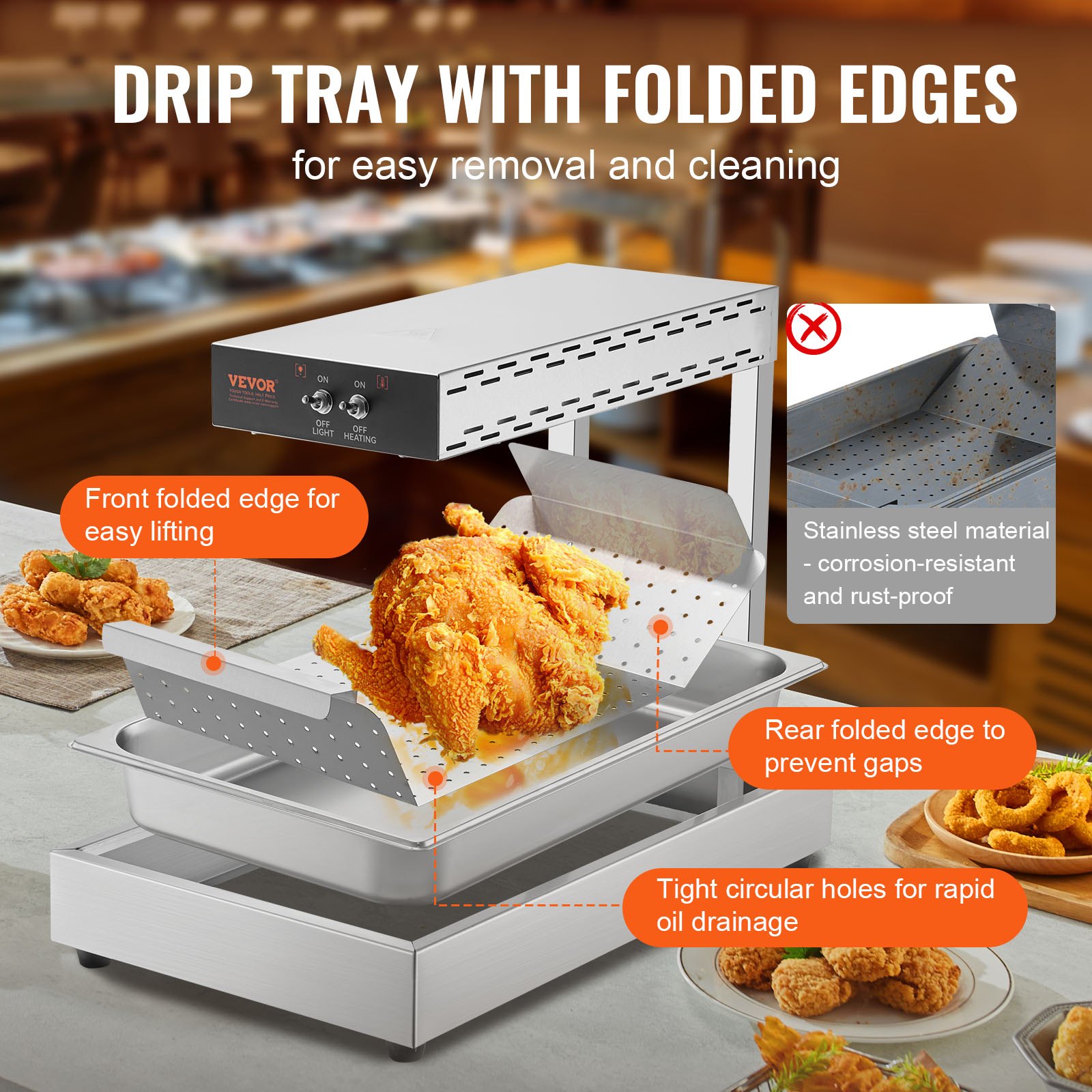 VEVOR Scalda Patate Fritte, Lampada Riscaldante Alimenti Fritti Commerciale 750 W, Vassoio Scaldavivande Luce Riscaldante Acciaio Inox, Vasca Scalda Patatine da Tavolo 40-50 ℃ per Ristorante Cucina