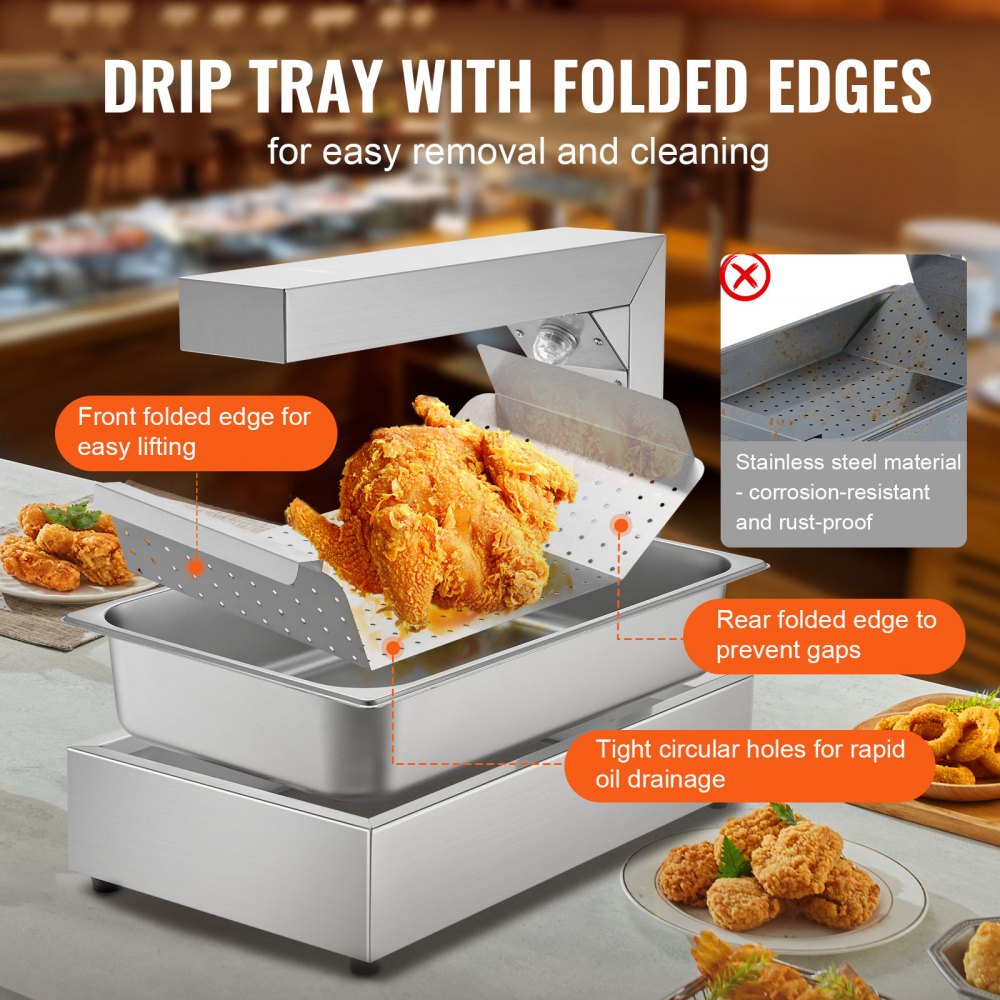 VEVOR Scalda Patate Fritte, Lampada Riscaldante Alimenti Fritti Commerciale 750 W, Vassoio Scaldavivande 605 x 343 x 555 mm Acciaio Inox, Vasca Scalda Patatine da Tavolo 40-50 ℃ per Ristorante Cucina