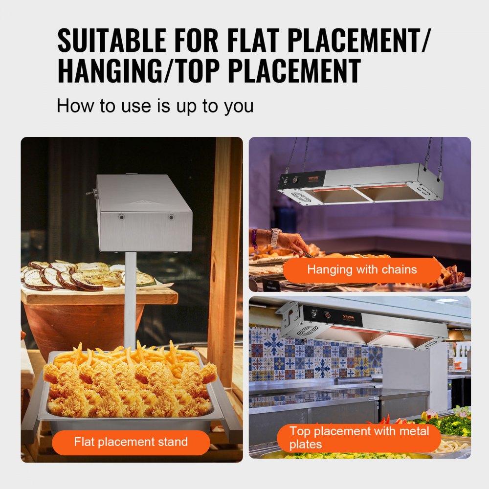 VEVOR Scalda Patate Fritte, Lampada Riscaldante Alimenti Fritti Commerciale 750 W, Stazione Scaldavivande Luce Riscaldante Acciaio Inox, Vasca Scalda Patatine da Tavolo 40-50 ℃ per Ristorante Cucina