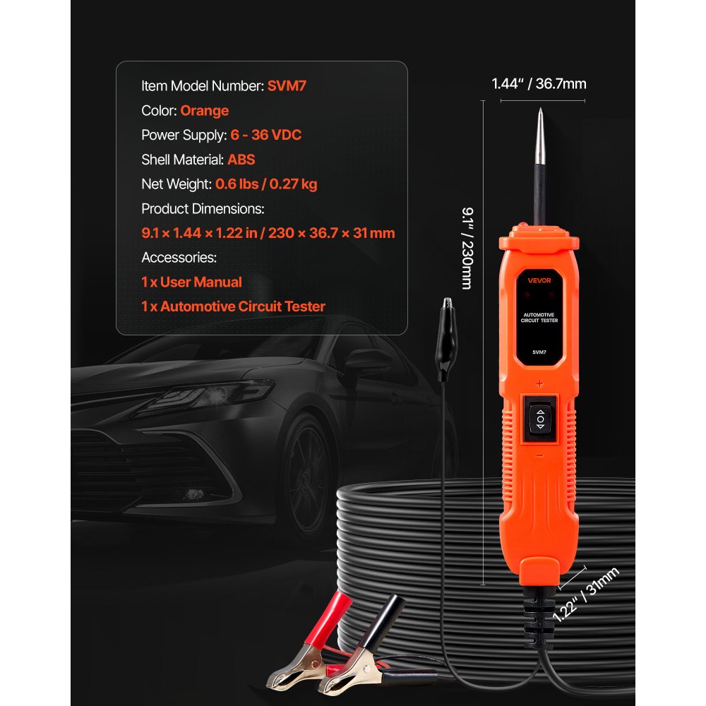 VEVOR Tester Elettrico per Circuiti Automobilistici con Sonda per Circuiti e Illuminazione, Tester DC 6-36V, Cavo da 4 m Rilevatore di Tensione per Berline, SUV, Camper e Camion