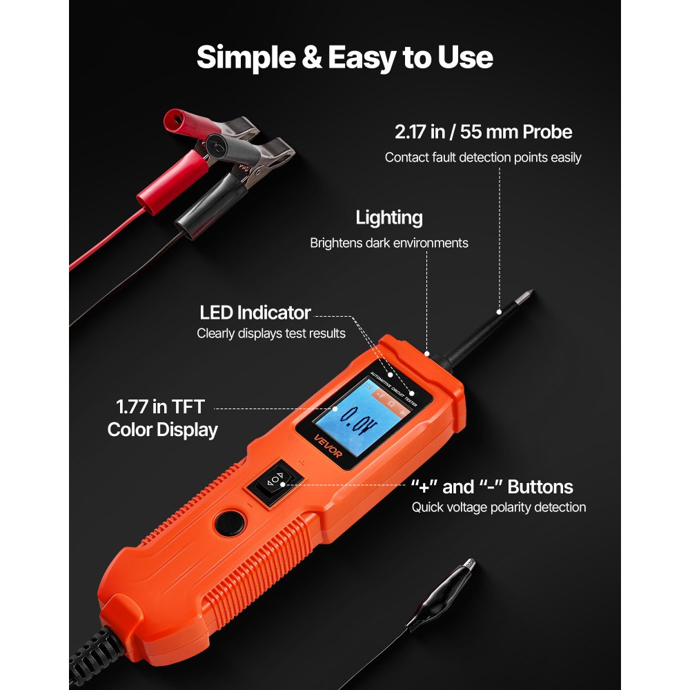 VEVOR Tester Elettrico per Circuiti Automobilistici, Tester di Tensione CC 8-35 V con Cavo da 4 m, Schermo TFT Illuminazione, Test di Continuità, Diodo, Resistenza, per Veicoli da Officina