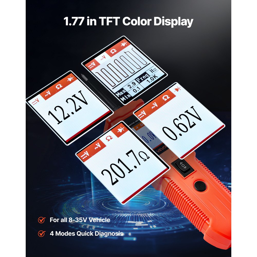 VEVOR Tester Elettrico per Circuiti Automobilistici, Tester di Tensione CC 8-35 V con Cavo da 4 m, Schermo TFT Illuminazione, Test di Continuità, Diodo, Resistenza, per Veicoli da Officina
