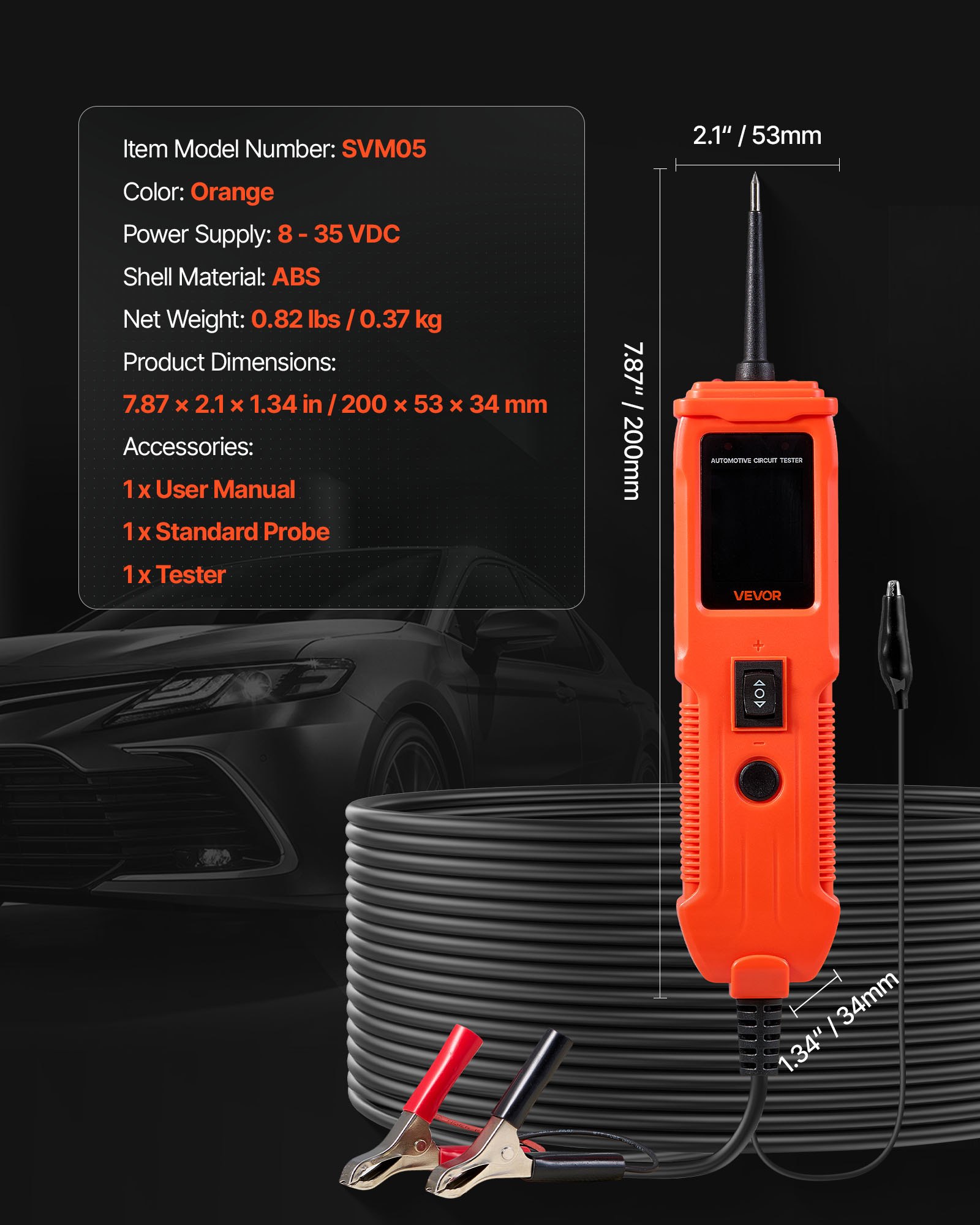 VEVOR Tester Elettrico per Circuiti Automobilistici, Tester di Tensione CC 8-35 V con Cavo da 4 m, Schermo TFT Illuminazione, Test di Continuità, Diodo, Resistenza, per Veicoli da Officina