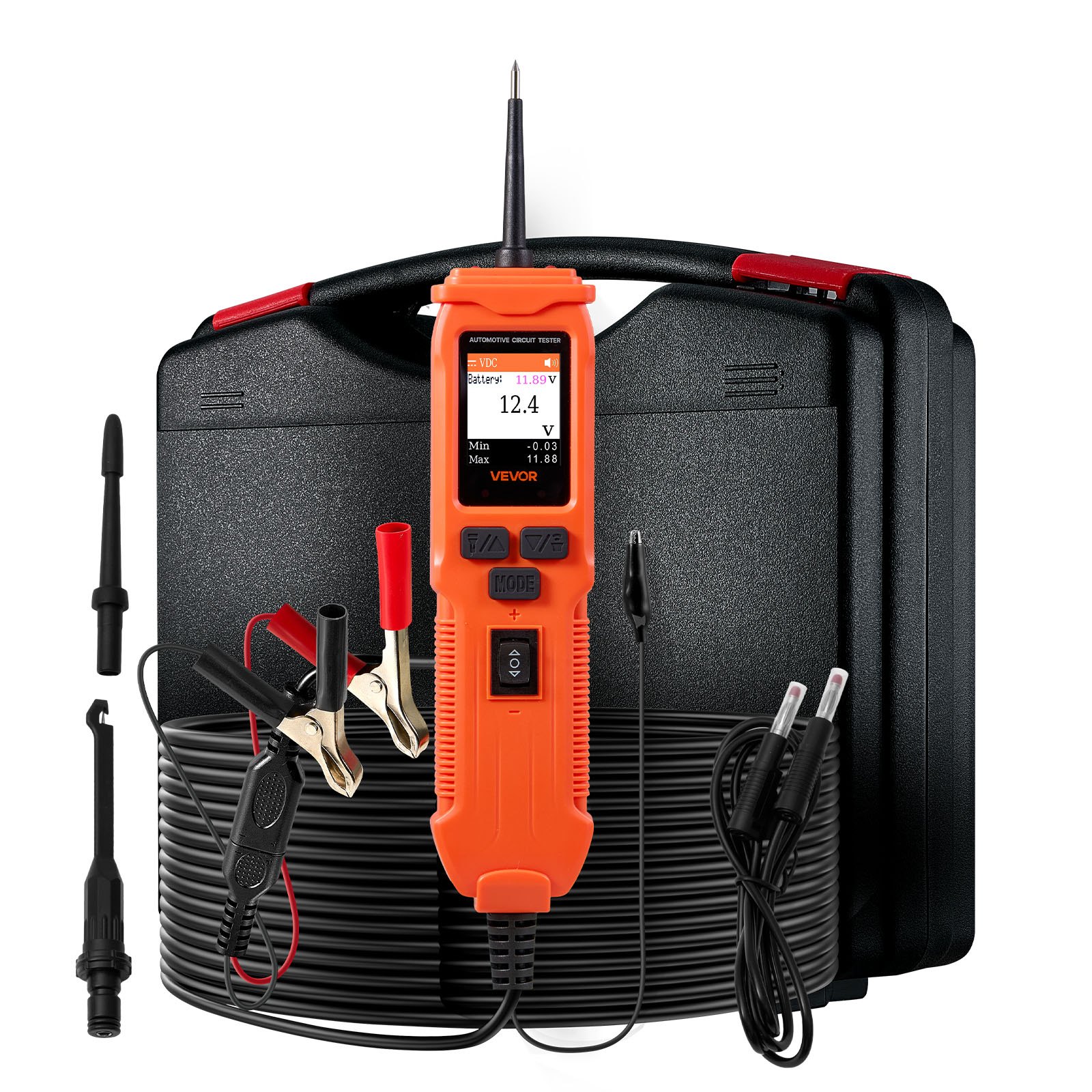 VEVOR Tester per Circuiti Automobilistici 8-35V DC con Sonda per Circuiti, Display a Colori TFT, Illuminazione, Tester di Tensione con Cavo da 6 m Custodia per Trasporto, Rilevatore Elettrico