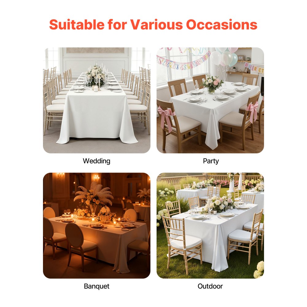 VEVOR Tovaglia per Tavolo Rettangolare, Tovaglia Lavabile in Lavatrice, Copritavolo in Tessuto di Poliestere Resistente alle Pieghe per Matrimonio, Festa, Banchetto, Bianco 6 Pezzi 2286 x 3353 mm