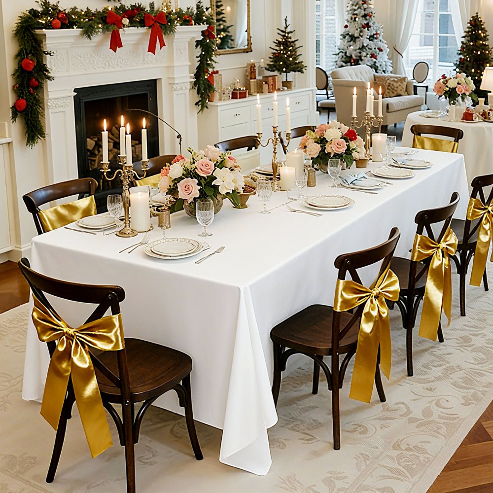 VEVOR Tovaglia per Tavolo Rettangolare, Tovaglia Lavabile in Lavatrice, Copritavolo in Tessuto di Poliestere Resistente alle Pieghe per Matrimonio, Festa, Banchetto, Bianco 6 Pezzi 2286 x 3353 mm