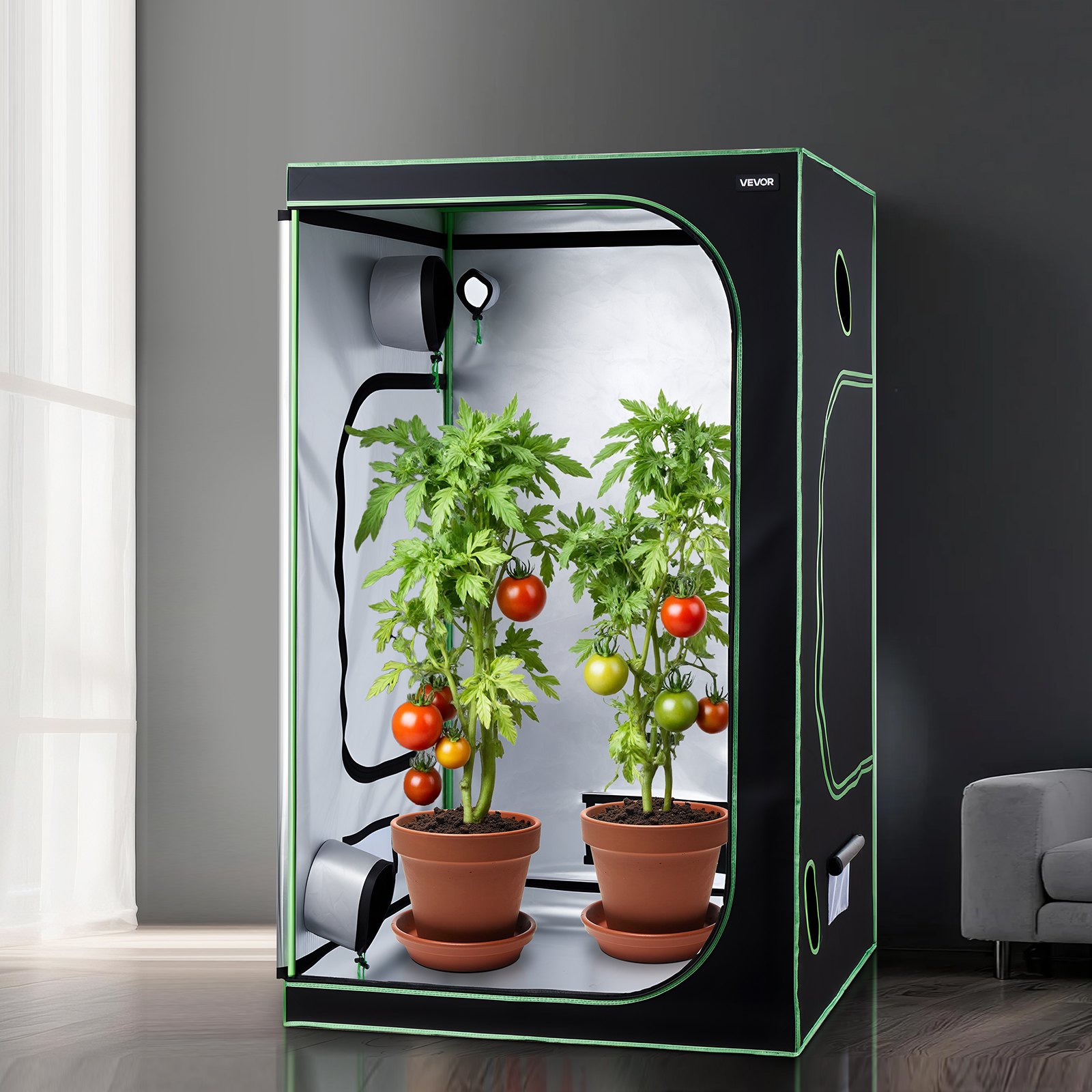VEVOR Tenda da Coltivazione da Interno 120x120x200 cm, Tenda da Coltivazione per Piante Verdure Fiori da Interno, con Finestra di Osservazione, Vassoio da Pavimento, Cerniera, Mylar Riflettente